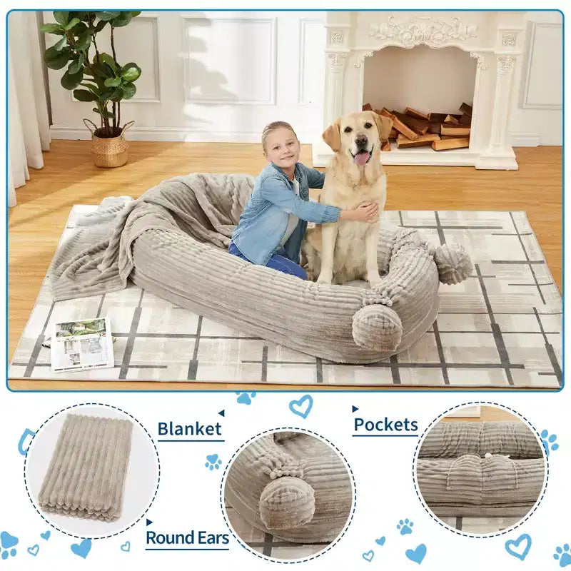 Cuscino per Cani Umano, 180x114x30cm Letto per Cani Grande con Coperta, Tasche Portaoggetti, Maniglia Portatile, Rivestimento Sfoderabile, Cuccia per Animali Domestici a Misura d'Uomo per Adulti