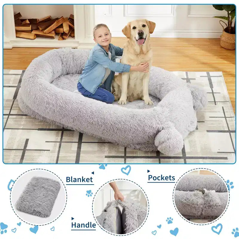 Cuscino per Cani Umano, 180x114x30cm Letto per Cani Grande con Coperta, Tasche Portaoggetti, Maniglia Portatile, Rivestimento Sfoderabile, Cuccia per Animali Domestici a Misura d'Uomo per Adulti