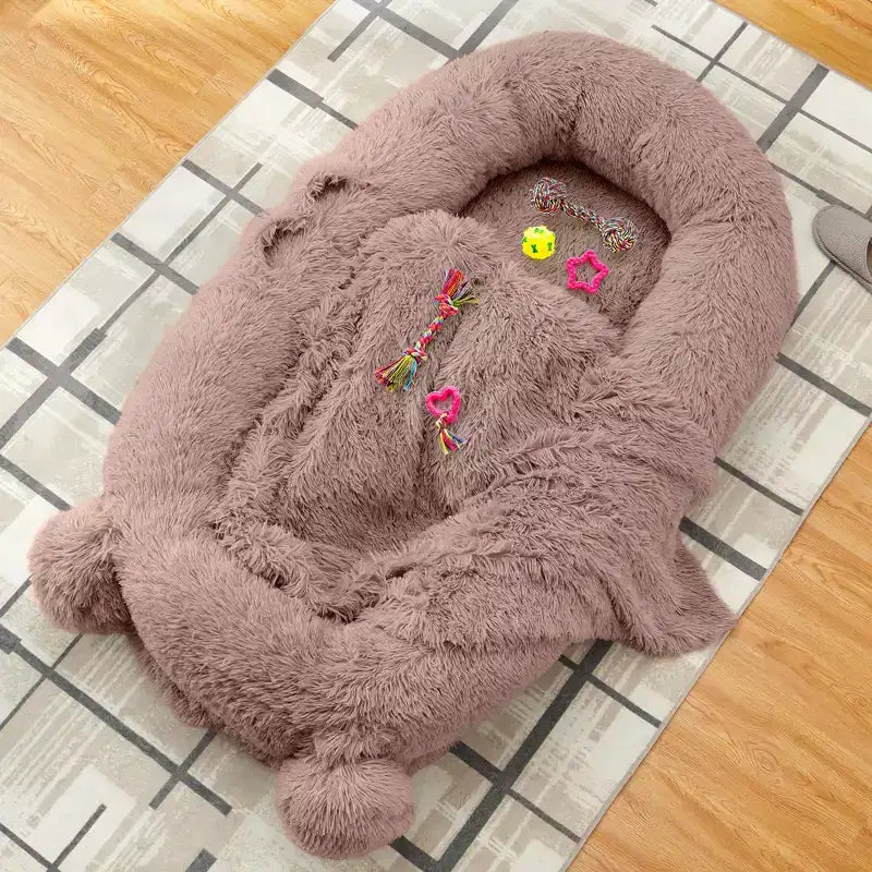 Cuscino per Cani Umano, 180x114x30cm Letto per Cani Grande con Coperta, Tasche Portaoggetti, Maniglia Portatile, Rivestimento Sfoderabile, Cuccia per Animali Domestici a Misura d'Uomo per Adulti