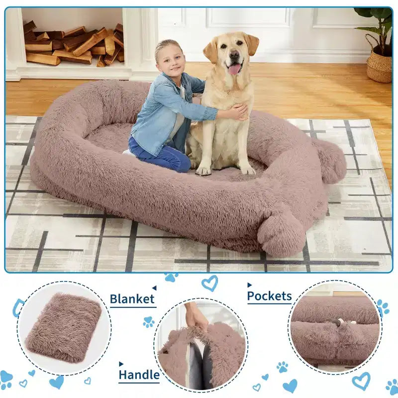 Cuscino per Cani Umano, 180x114x30cm Letto per Cani Grande con Coperta, Tasche Portaoggetti, Maniglia Portatile, Rivestimento Sfoderabile, Cuccia per Animali Domestici a Misura d'Uomo per Adulti