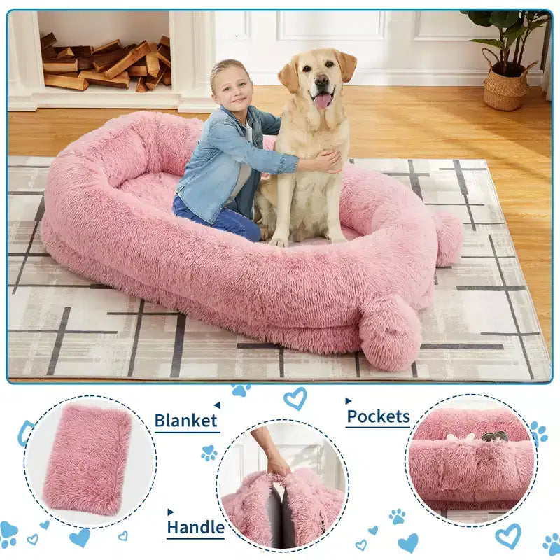Cuscino per Cani Umano, 180x114x30cm Letto per Cani Grande con Coperta, Tasche Portaoggetti, Maniglia Portatile, Rivestimento Sfoderabile, Cuccia per Animali Domestici a Misura d'Uomo per Adulti