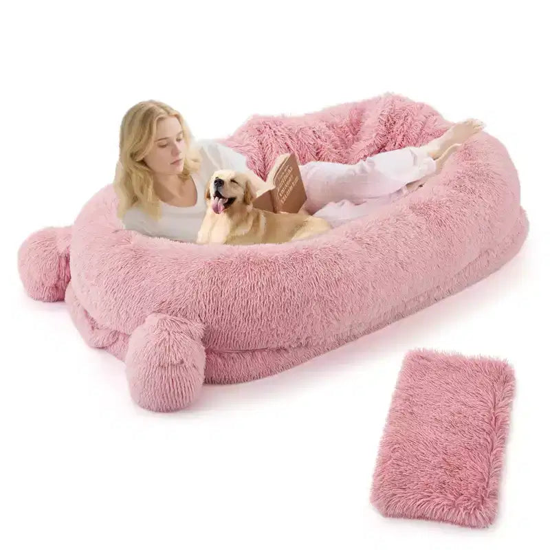 Cuscino per Cani Umano, 180x114x30cm Letto per Cani Grande con Coperta, Tasche Portaoggetti, Maniglia Portatile, Rivestimento Sfoderabile, Cuccia per Animali Domestici a Misura d'Uomo per Adulti