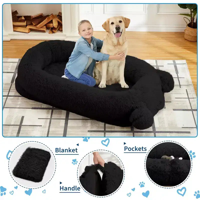 Cuscino per Cani Umano, 180x114x30cm Letto per Cani Grande con Coperta, Tasche Portaoggetti, Maniglia Portatile, Rivestimento Sfoderabile, Cuccia per Animali Domestici a Misura d'Uomo per Adulti