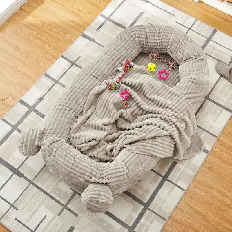 Cuscino per Cani Umano, 180x114x30cm Letto per Cani Grande con Coperta, Tasche Portaoggetti, Maniglia Portatile, Rivestimento Sfoderabile, Cuccia per Animali Domestici a Misura d'Uomo per Adulti