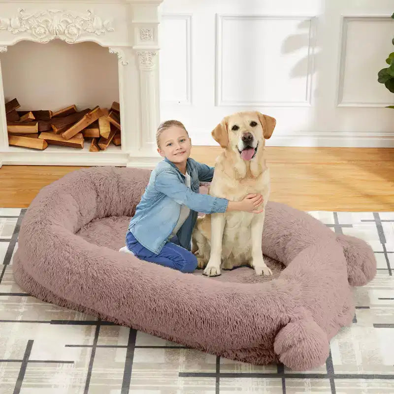 Cuscino per Cani Umano, 180x114x30cm Letto per Cani Grande con Coperta, Tasche Portaoggetti, Maniglia Portatile, Rivestimento Sfoderabile, Cuccia per Animali Domestici a Misura d'Uomo per Adulti