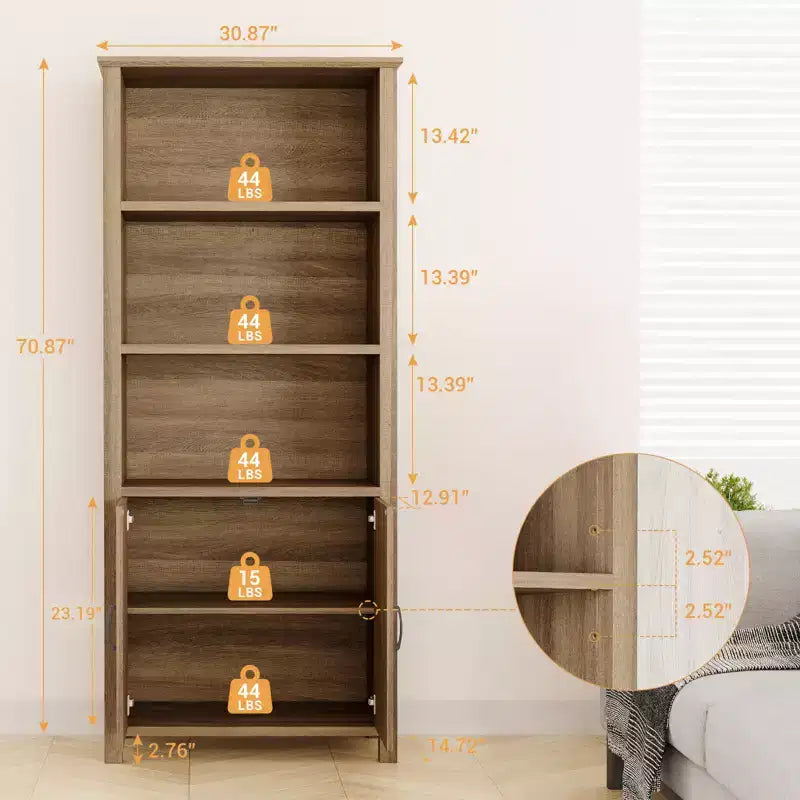 Libreria a 3 ripiani, libreria alta 177 cm con ante, armadietto contenitore in stile rustico con ripiani regolabili e gambe stabili, libreria da esposizione a pavimento