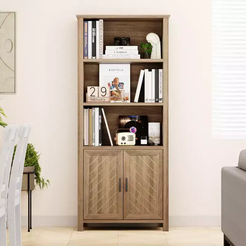 Libreria a 3 ripiani, libreria alta 177 cm con ante, armadietto contenitore in stile rustico con ripiani regolabili e gambe stabili, libreria da esposizione a pavimento
