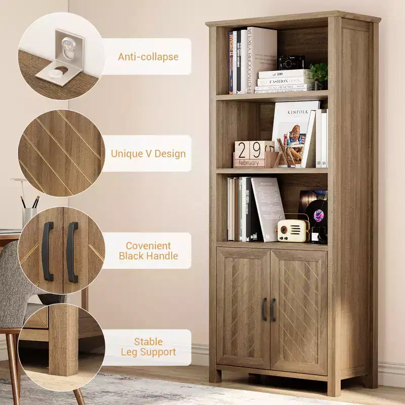 Libreria a 3 ripiani, libreria alta 177 cm con ante, armadietto contenitore in stile rustico con ripiani regolabili e gambe stabili, libreria da esposizione a pavimento