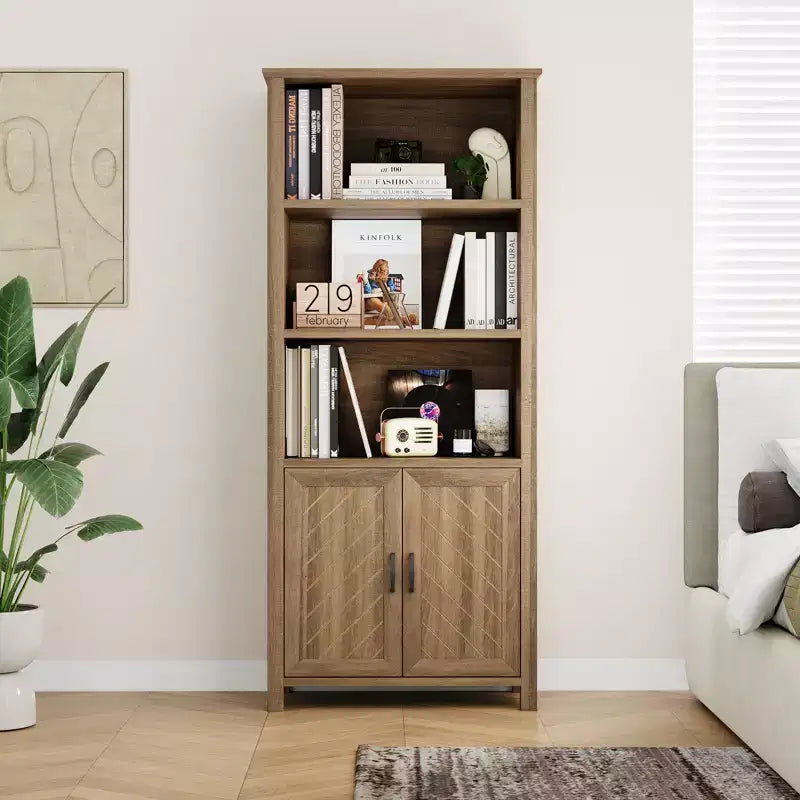 Libreria a 3 ripiani, libreria alta 177 cm con ante, armadietto contenitore in stile rustico con ripiani regolabili e gambe stabili, libreria da esposizione a pavimento