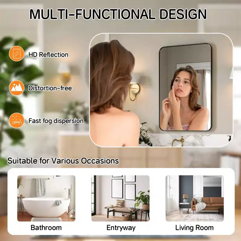 Specchio da bagno opaco, specchio da parete rettangolare arrotondato per lavabo, vetro temperato HD e cornice in alluminio antiruggine