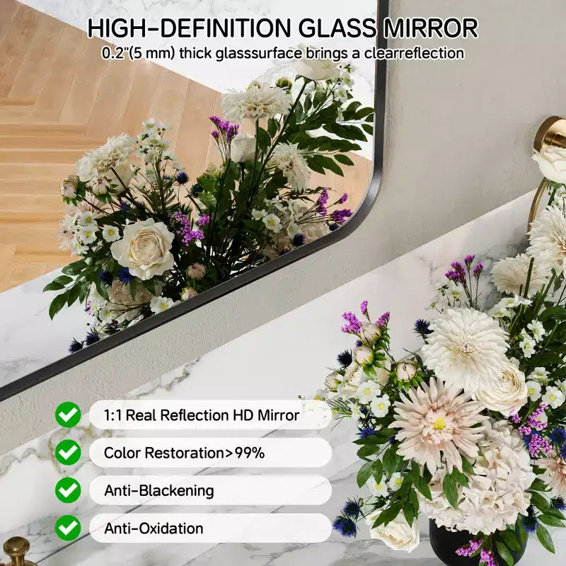 Specchio da bagno opaco, specchio da parete rettangolare arrotondato per lavabo, vetro temperato HD e cornice in alluminio antiruggine