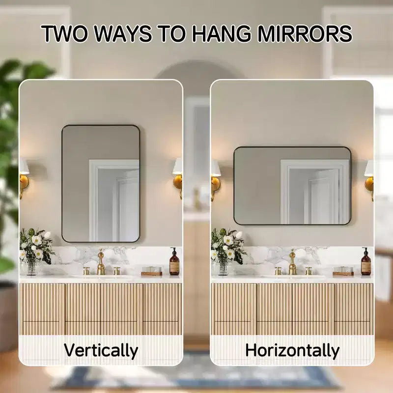 Specchio da bagno opaco, specchio da parete rettangolare arrotondato per lavabo, vetro temperato HD e cornice in alluminio antiruggine