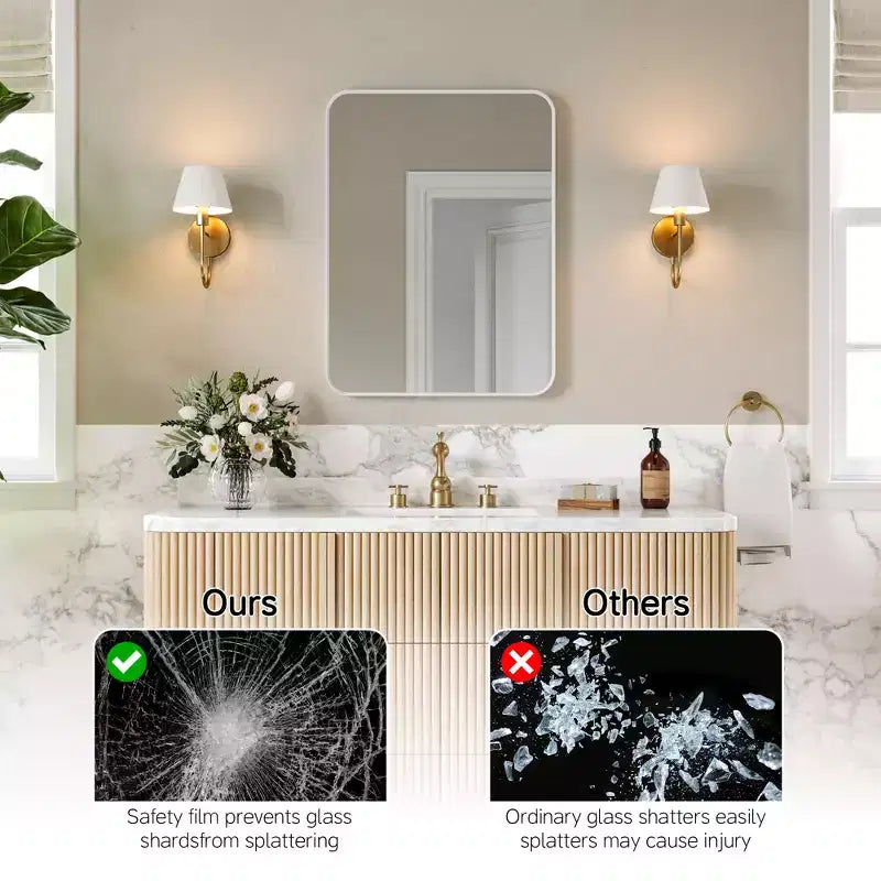 Specchio da bagno opaco, specchio da parete rettangolare arrotondato per lavabo, vetro temperato HD e cornice in alluminio antiruggine