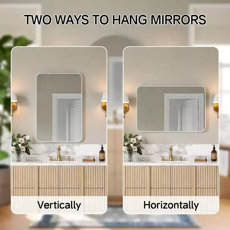 Specchio da bagno opaco, specchio da parete rettangolare arrotondato per lavabo, vetro temperato HD e cornice in alluminio antiruggine