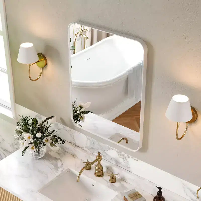 Specchio da bagno opaco, specchio da parete rettangolare arrotondato per lavabo, vetro temperato HD e cornice in alluminio antiruggine