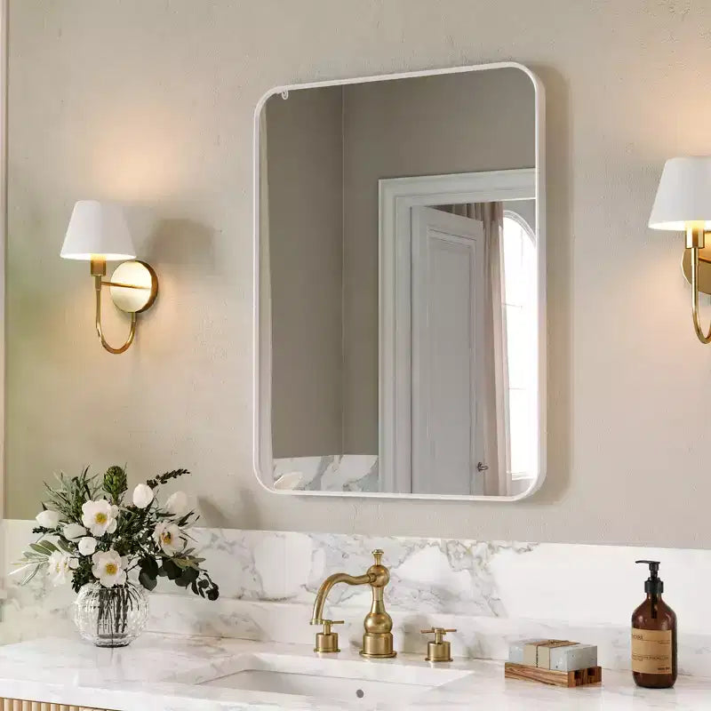 Specchio da bagno opaco, specchio da parete rettangolare arrotondato per lavabo, vetro temperato HD e cornice in alluminio antiruggine