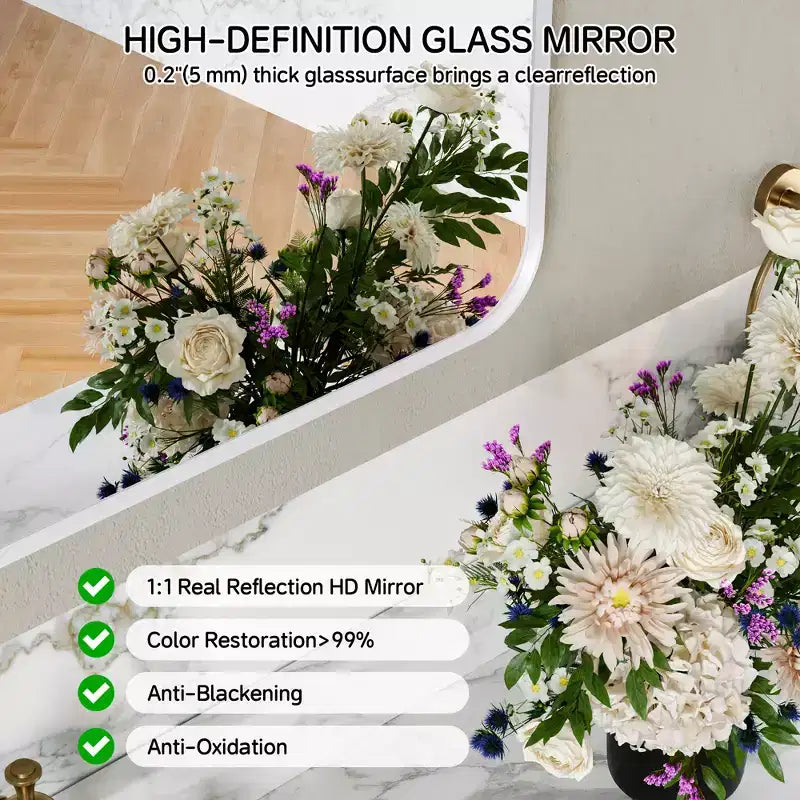 Specchio da bagno opaco, specchio da parete rettangolare arrotondato per lavabo, vetro temperato HD e cornice in alluminio antiruggine