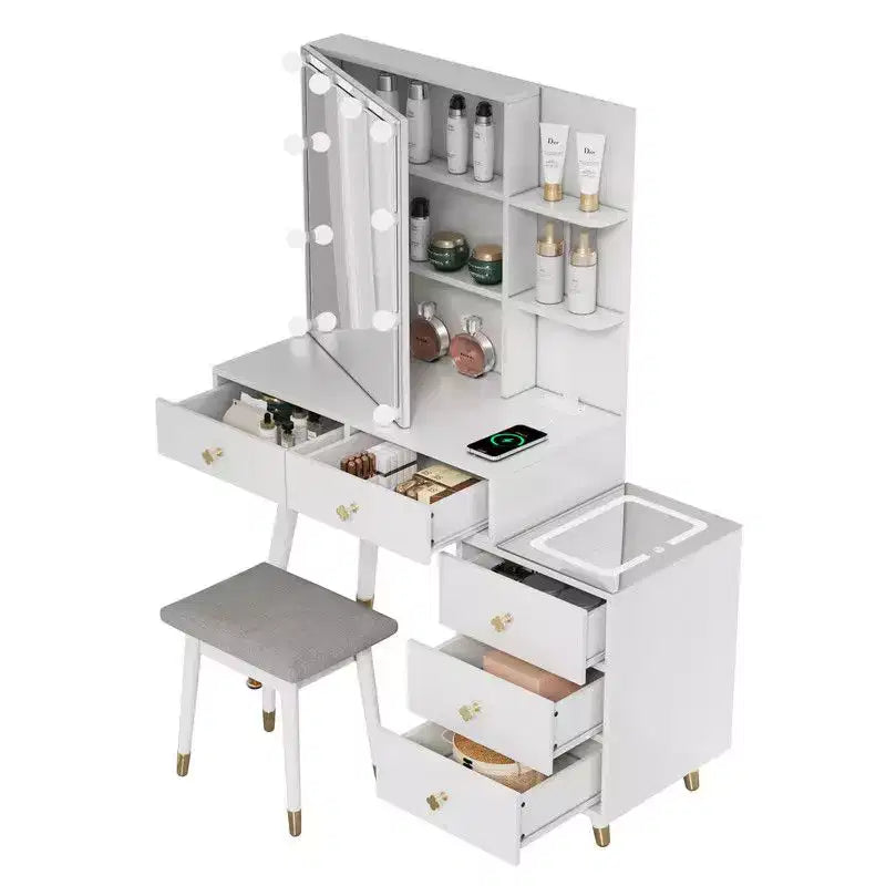 Tavolo da Trucco con Pannello Tri-tono a LED in Truciolato Bianco Laccato con Gambe in Legno Massello e Boccole in Ottone