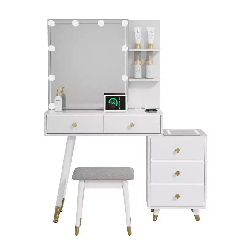 Tavolo da Trucco con Pannello Tri-tono a LED in Truciolato Bianco Laccato con Gambe in Legno Massello e Boccole in Ottone