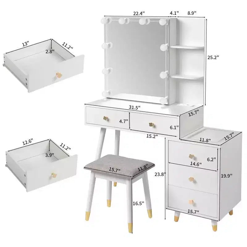 Tavolo da Trucco con Pannello Tri-tono a LED in Truciolato Bianco Laccato con Gambe in Legno Massello e Boccole in Ottone