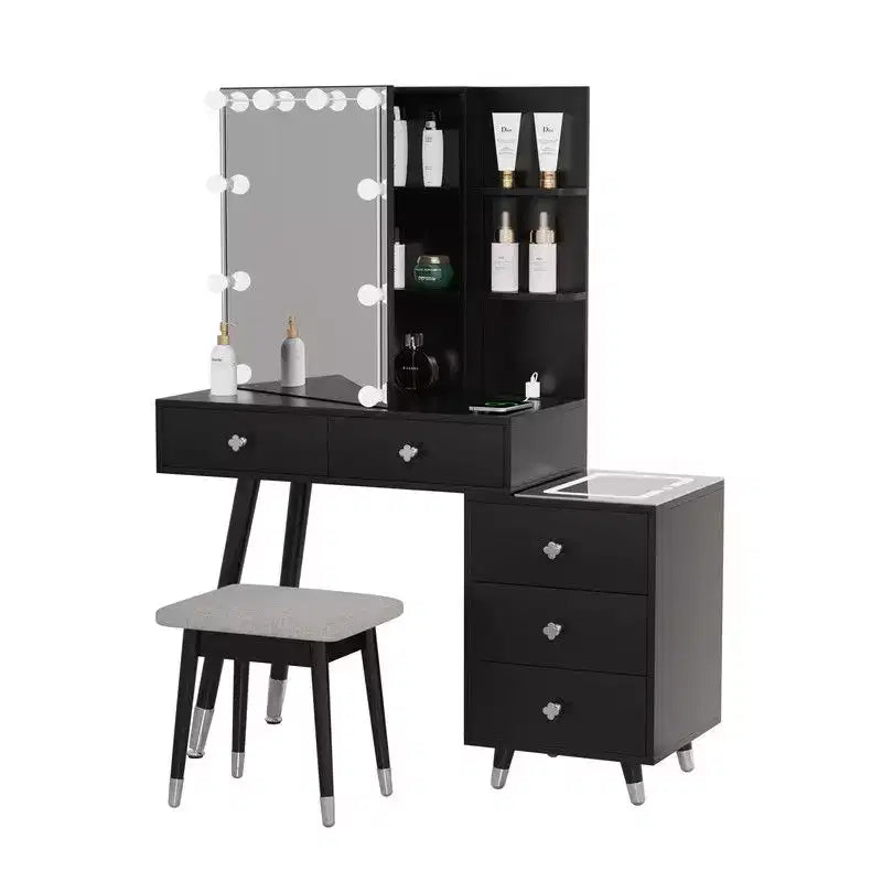 Tavolo da Trucco con Pannello Tri-tono a LED in Truciolato Bianco Laccato con Gambe in Legno Massello e Boccole in Ottone