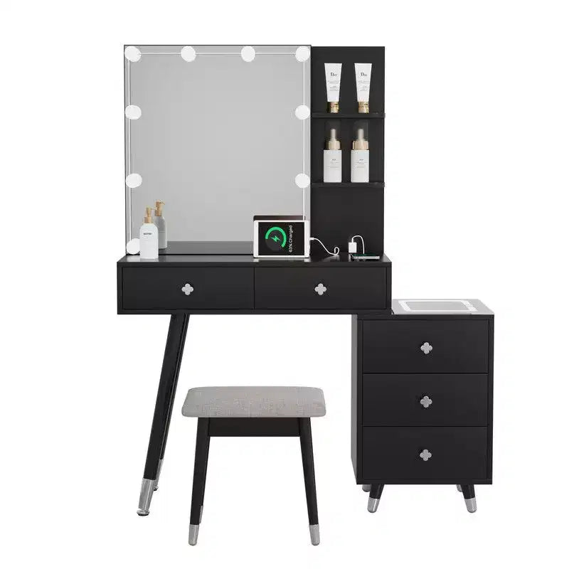Tavolo da Trucco con Pannello Tri-tono a LED in Truciolato Bianco Laccato con Gambe in Legno Massello e Boccole in Ottone