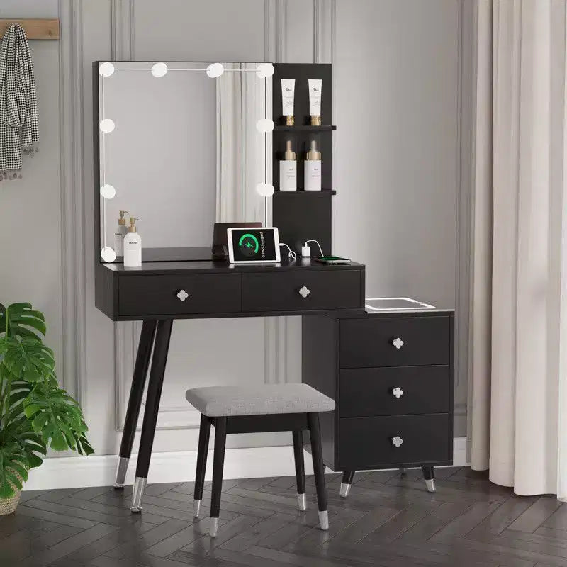 Tavolo da Trucco con Pannello Tri-tono a LED in Truciolato Bianco Laccato con Gambe in Legno Massello e Boccole in Ottone