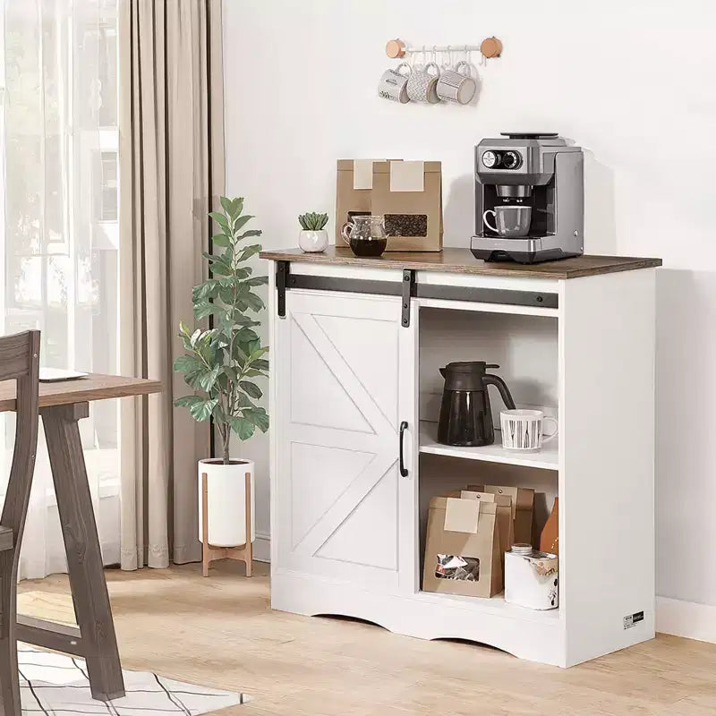 Mobile da caffè bar, 31,5 x 13,8 x 31,5 pollici, Mobiletto da caffè bar in stile rustico con 3 ripiani, Tavolo da caffè bar con anta scorrevole a granaio, Bianco