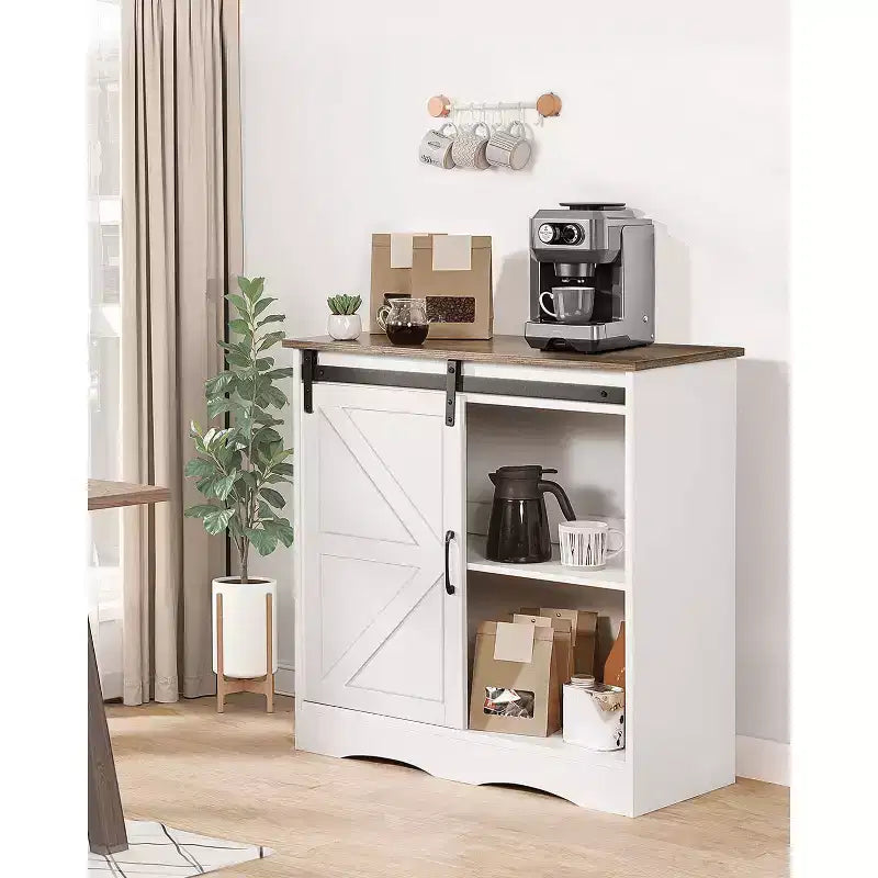 Mobile da caffè bar, 31,5 x 13,8 x 31,5 pollici, Mobiletto da caffè bar in stile rustico con 3 ripiani, Tavolo da caffè bar con anta scorrevole a granaio, Bianco