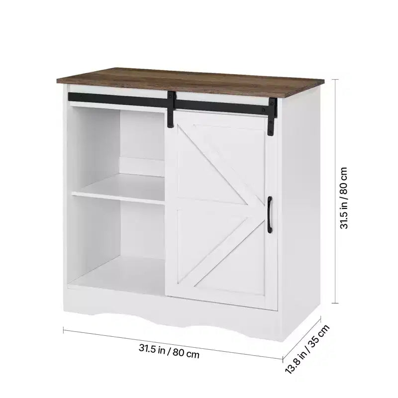 Mobile da caffè bar, 31,5 x 13,8 x 31,5 pollici, Mobiletto da caffè bar in stile rustico con 3 ripiani, Tavolo da caffè bar con anta scorrevole a granaio, Bianco