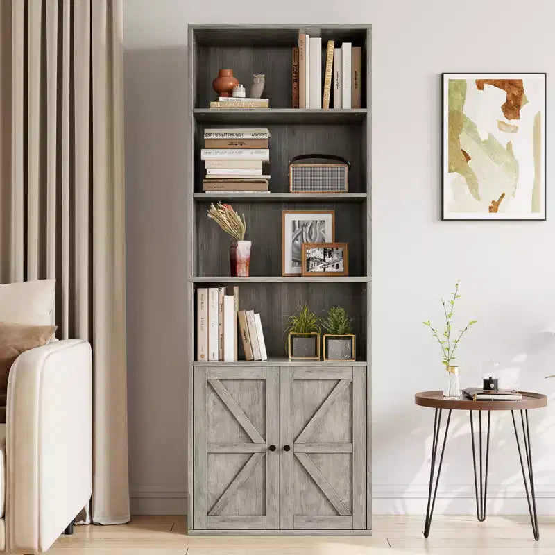 71.4 Libreria Alta da Fattoria a 6 Ripiani con Ante, Scaffale Industriale per Camera da Letto, Soggiorno e Ufficio