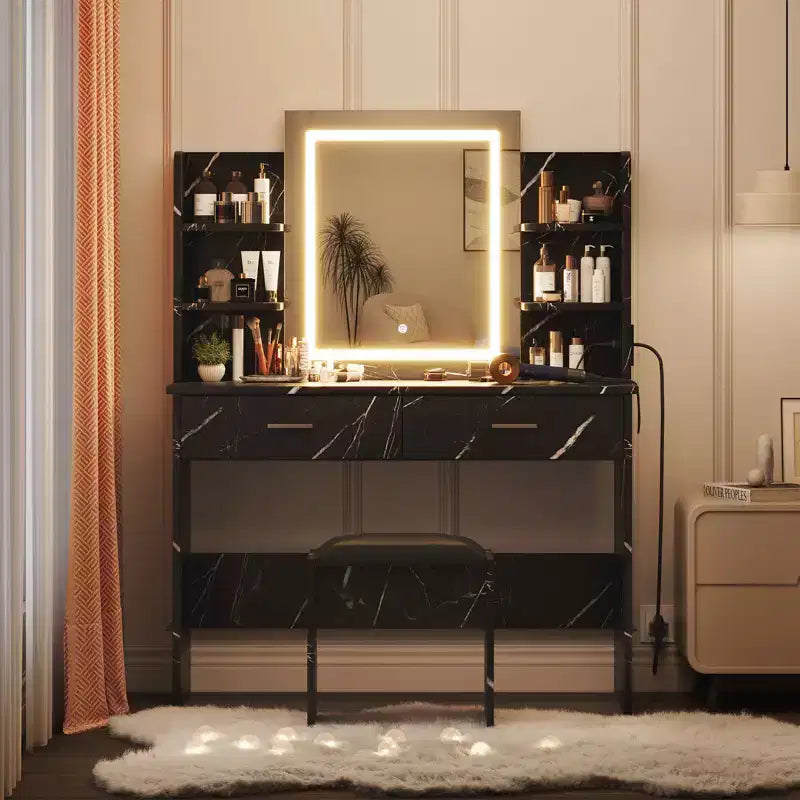 Toeletta con Luci Specchio Illuminato a LED a Tre Modalità e Stazione di Ricarica, Set da Trucco con 6 Ripiani, 2 Cassetti e Sgabello Imbottito