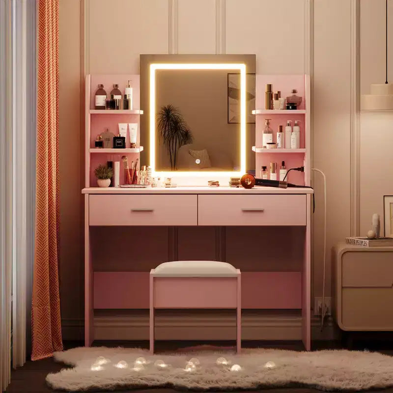 Toeletta con Luci Specchio Illuminato a LED a Tre Modalità e Stazione di Ricarica, Set da Trucco con 6 Ripiani, 2 Cassetti e Sgabello Imbottito