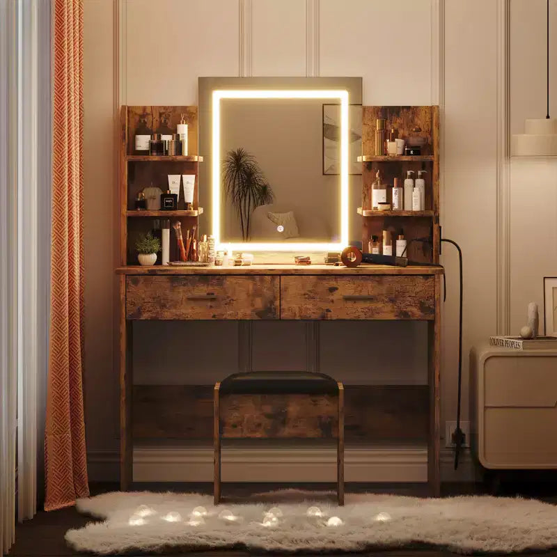 Toeletta con Luci Specchio Illuminato a LED a Tre Modalità e Stazione di Ricarica, Set da Trucco con 6 Ripiani, 2 Cassetti e Sgabello Imbottito