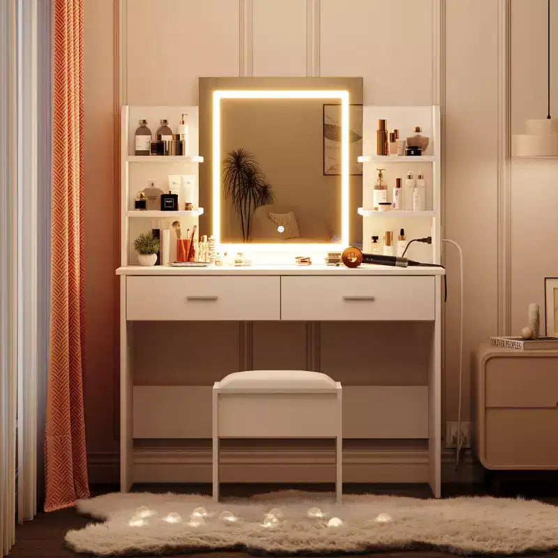 Toeletta con Luci Specchio Illuminato a LED a Tre Modalità e Stazione di Ricarica, Set da Trucco con 6 Ripiani, 2 Cassetti e Sgabello Imbottito