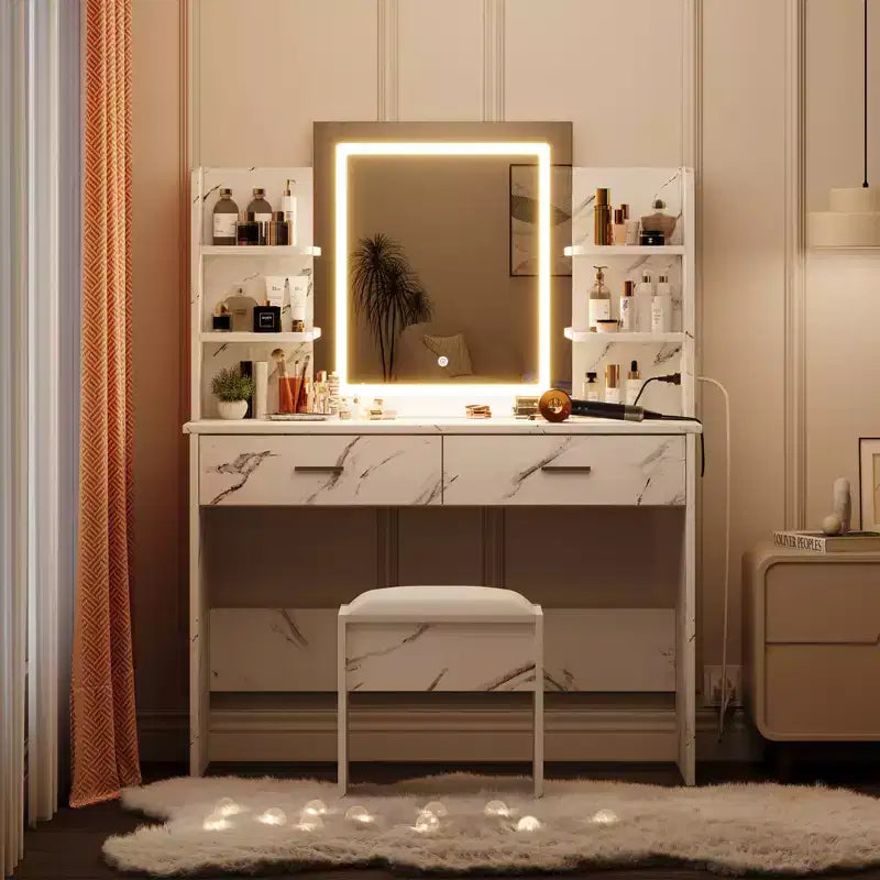 Toeletta con Luci Specchio Illuminato a LED a Tre Modalità e Stazione di Ricarica, Set da Trucco con 6 Ripiani, 2 Cassetti e Sgabello Imbottito