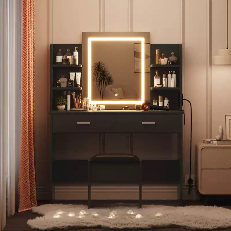 Toeletta con Luci Specchio Illuminato a LED a Tre Modalità e Stazione di Ricarica, Set da Trucco con 6 Ripiani, 2 Cassetti e Sgabello Imbottito