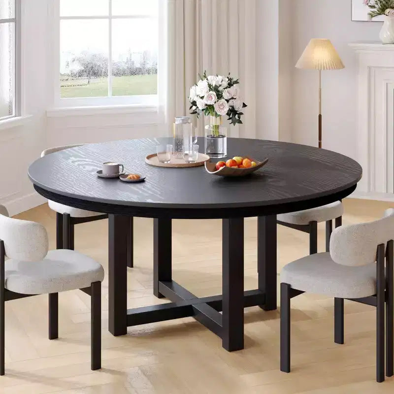 Tavolo da pranzo da fattoria in legno massello 52 x 52 con piano rotondo in legno e base a X incrociata per sale da pranzo moderne e riunioni di famiglia nero
