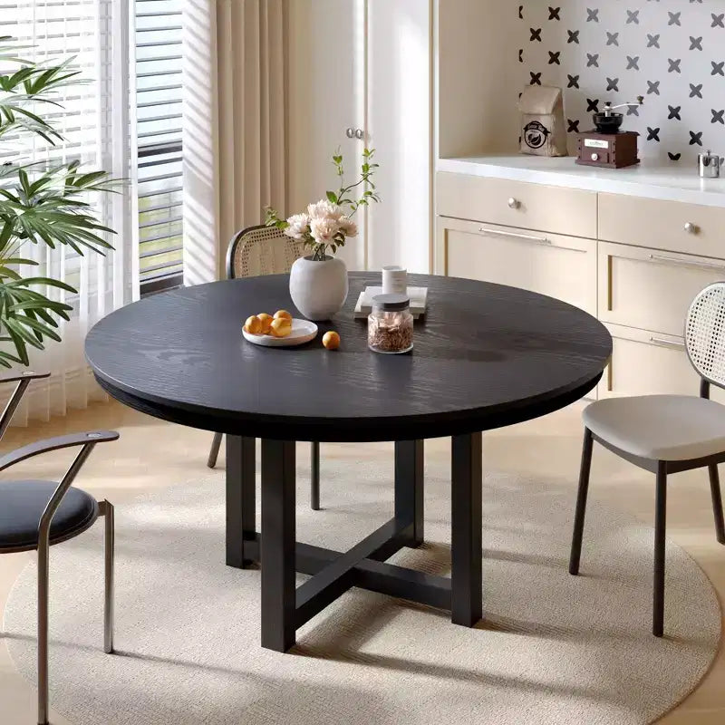 Tavolo da pranzo da fattoria in legno massello 52 x 52 con piano rotondo in legno e base a X incrociata per sale da pranzo moderne e riunioni di famiglia nero