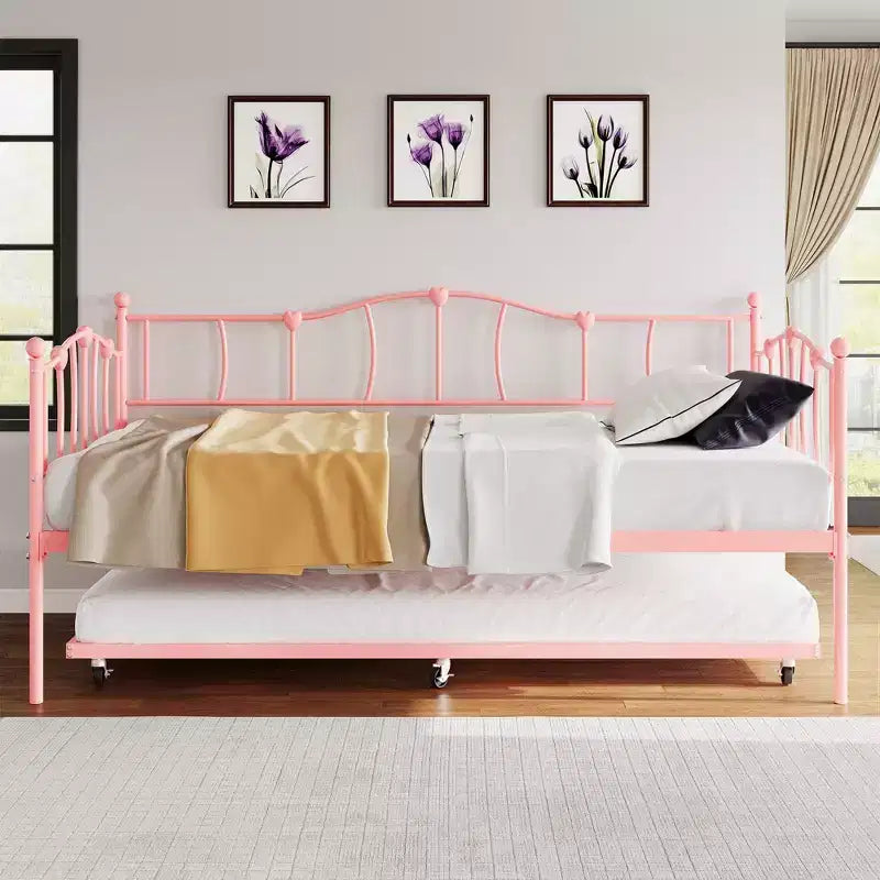Divano Letto Singolo in Metallo, Divano Letto Singolo con Letto Estraibile e Testiera, Struttura Divano Letto in Metallo con Supporto a Doghe in Acciaio per Soggiorno, Camera da Letto