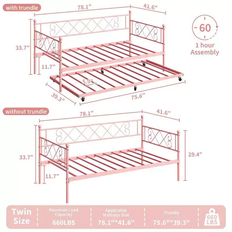 Divano letto con rotelle estraibili, struttura in metallo per letto singolo con testiera, divano letto a piattaforma multifunzionale per camera da letto, soggiorno, camera degli ospiti