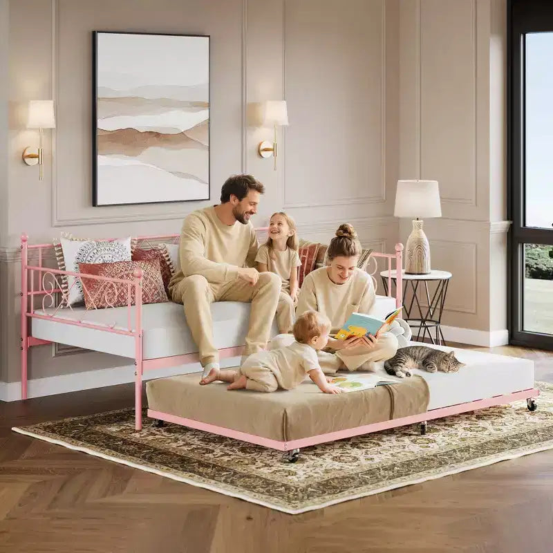 Divano letto con rotelle estraibili, struttura in metallo per letto singolo con testiera, divano letto a piattaforma multifunzionale per camera da letto, soggiorno, camera degli ospiti