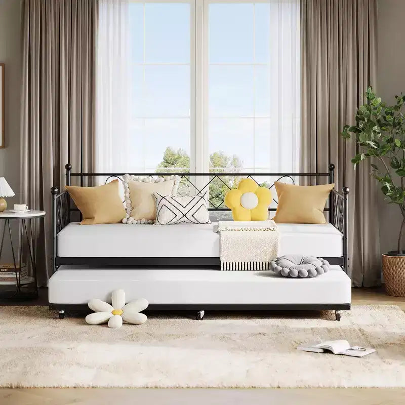 Divano letto con rotelle estraibili, struttura in metallo per letto singolo con testiera, divano letto a piattaforma multifunzionale per camera da letto, soggiorno, camera degli ospiti