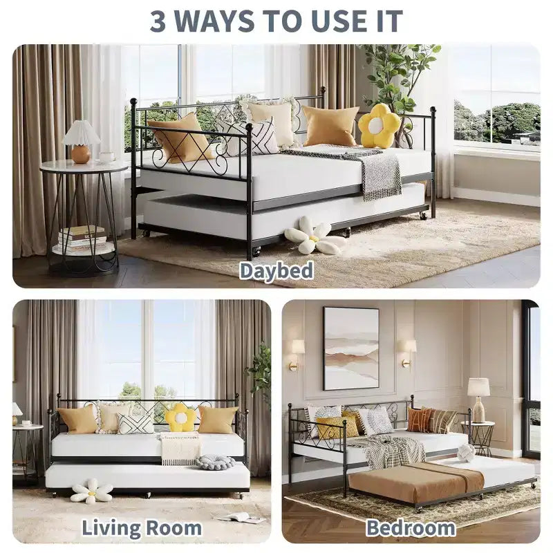 Divano letto con rotelle estraibili, struttura in metallo per letto singolo con testiera, divano letto a piattaforma multifunzionale per camera da letto, soggiorno, camera degli ospiti