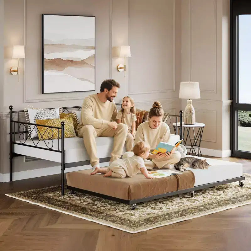 Divano letto con rotelle estraibili, struttura in metallo per letto singolo con testiera, divano letto a piattaforma multifunzionale per camera da letto, soggiorno, camera degli ospiti