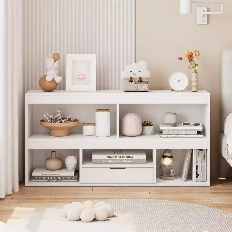 Libreria per bambini con cassetto, Organizer in legno per giocattoli, Scaffale bianco per cameretta, aula, stanza dei bambini