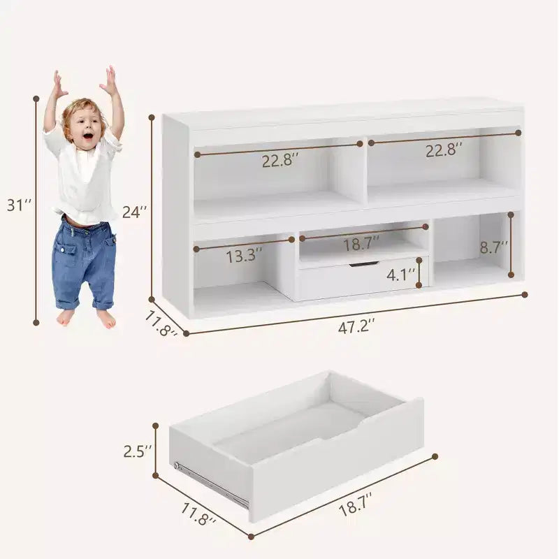 Libreria per bambini con cassetto, Organizer in legno per giocattoli, Scaffale bianco per cameretta, aula, stanza dei bambini