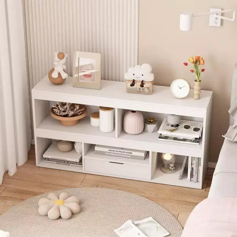 Libreria per bambini con cassetto, Organizer in legno per giocattoli, Scaffale bianco per cameretta, aula, stanza dei bambini