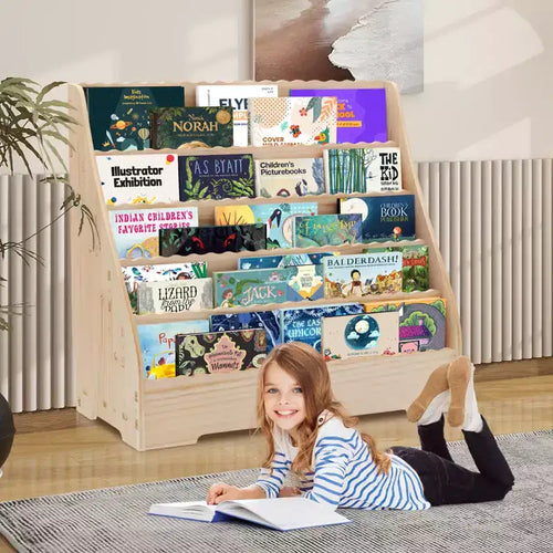 5-Tier Kids Bookshelf with Storage,Toddler Book Display Shelves, Book Rack, Multi-Functional Story Book Organizer, Painting Book Shelf for Kids Room