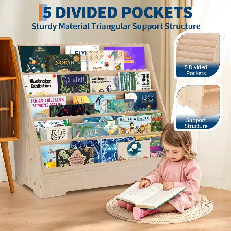 Scaffale a 5 ripiani per libri per bambini con contenitore, espositori per libri per bambini, portariviste, organizer multifunzionale per libri di fiabe, scaffale per libri da pittura per camerette.